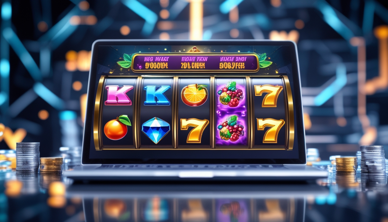 Tampilan layar perangkat digital dengan mesin slot online berwarna-warni dan latar belakang teknologi futuristik.