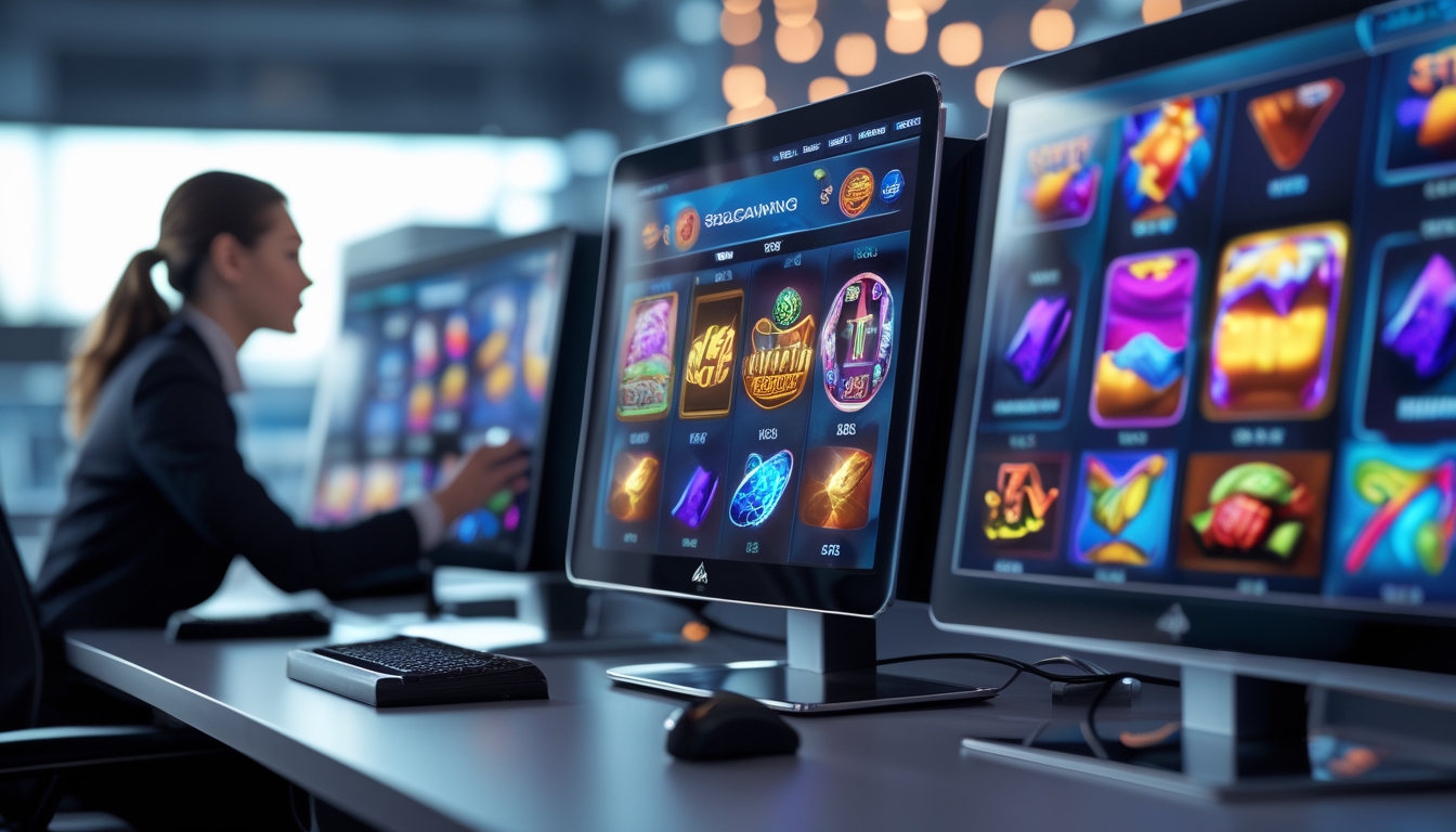 Seseorang sedang menggunakan komputer dengan tampilan permainan slot online yang berwarna-warni dan modern.