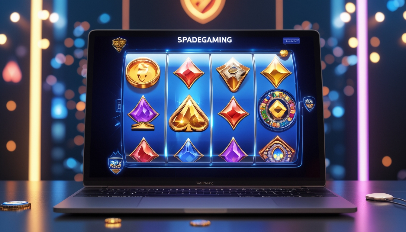 Seorang pemain sedang menikmati permainan slot online di komputer dengan latar belakang suasana gaming yang modern dan menarik.