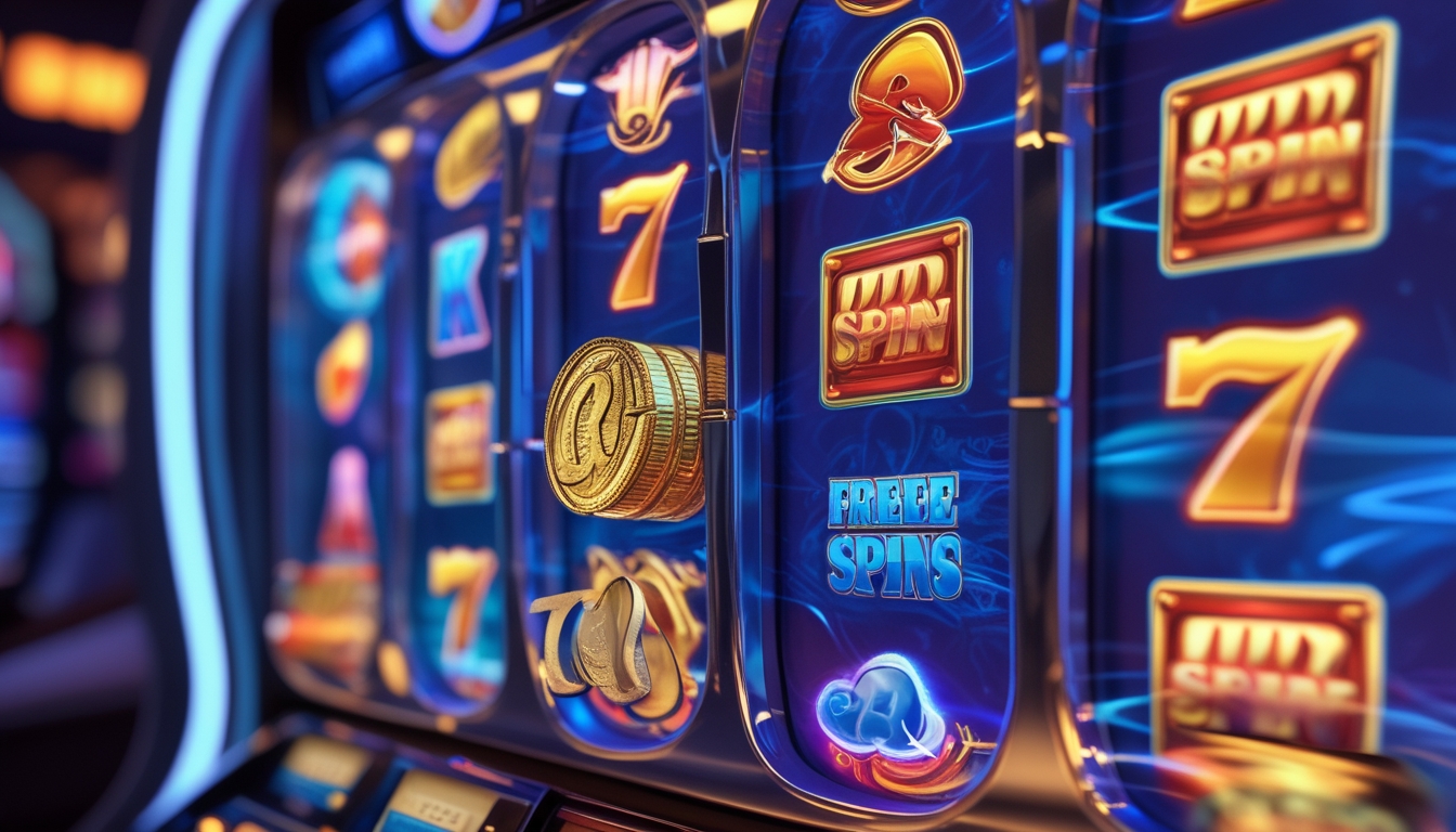 Layar mesin slot online dengan simbol spade, koin emas, dan fitur putaran gratis yang menyala, menampilkan suasana kasino modern.