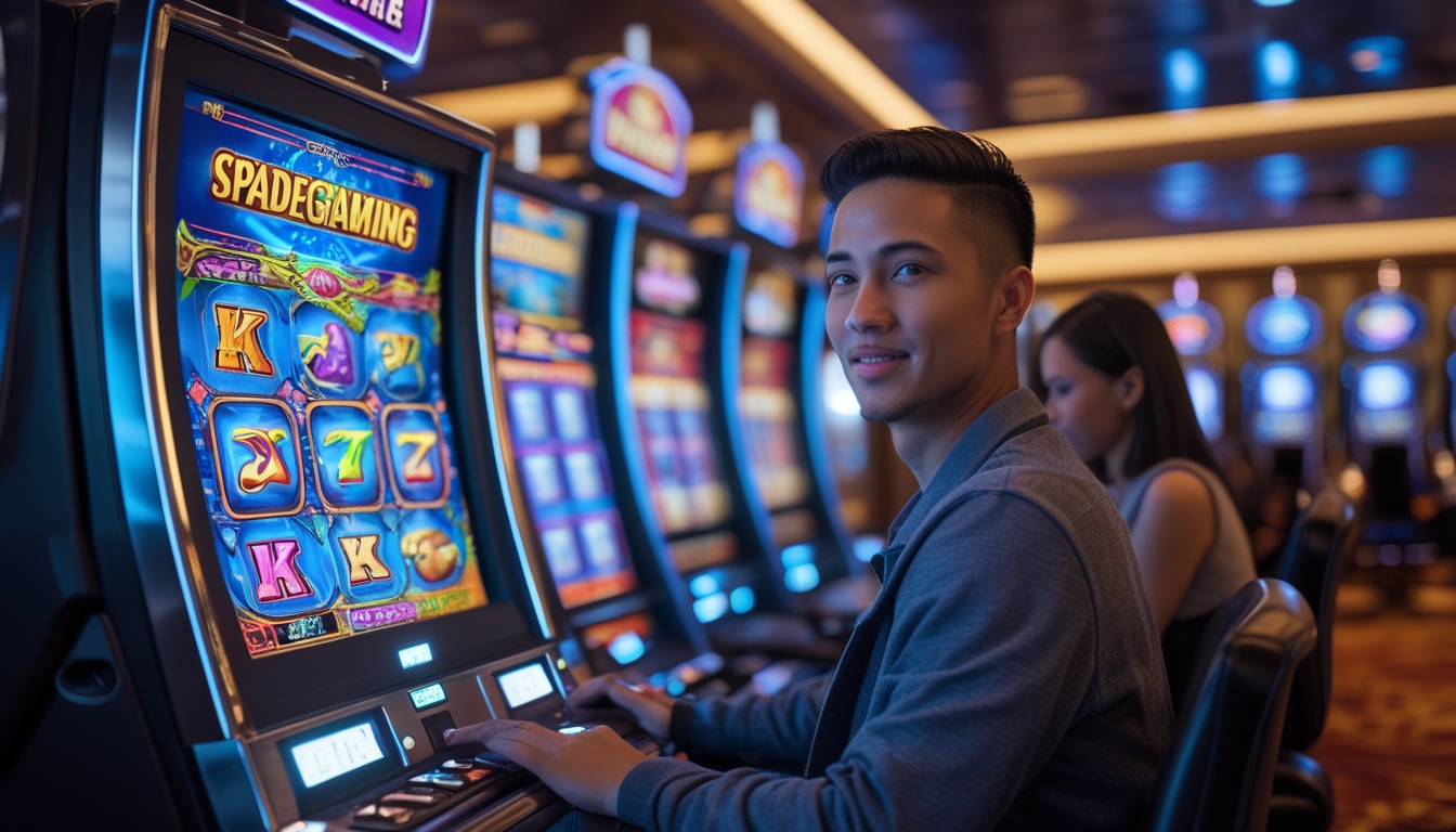 Seorang pemain muda sedang duduk di depan mesin slot Spadegaming yang berwarna cerah di dalam kasino yang modern dan terang.