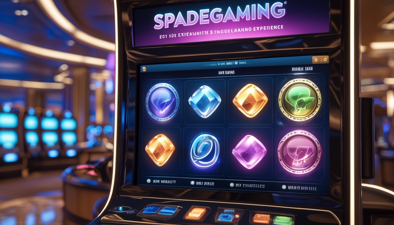 Mesin slot modern di dalam kasino dengan suasana mewah dan pencahayaan hangat.