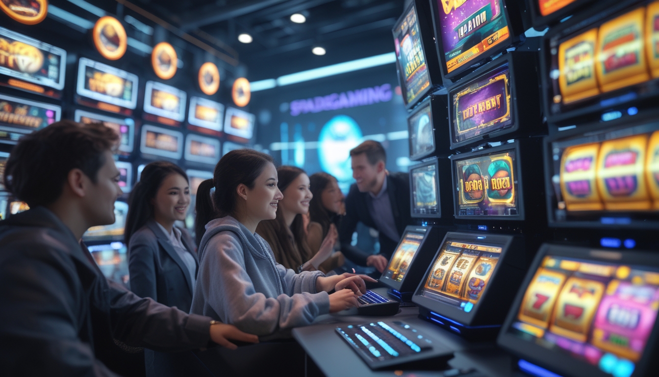 Beberapa orang sedang bermain game slot di sebuah ruangan dengan layar komputer yang menampilkan simbol kemenangan dan suasana yang cerah.