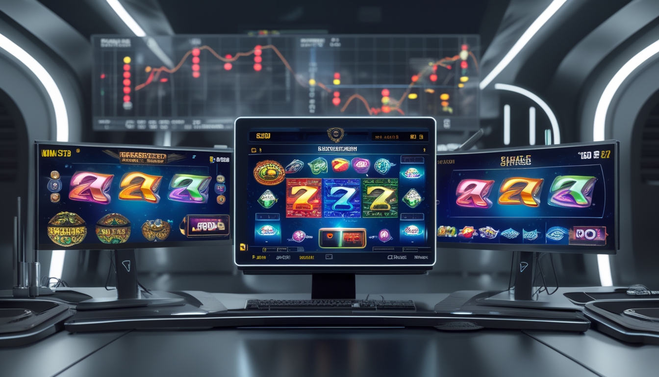 Suasana modern dengan beberapa layar menampilkan permainan slot digital berwarna-warni dan grafik data di latar belakang.