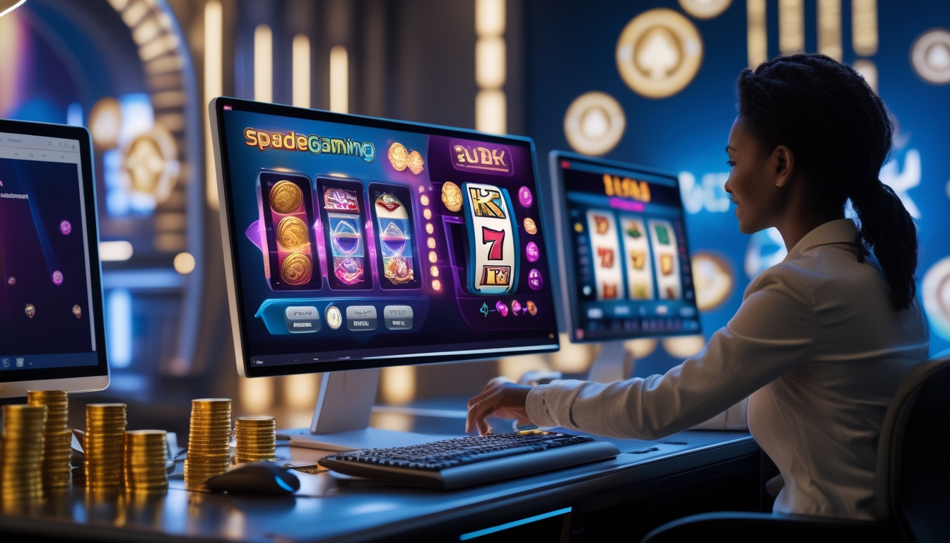 Seseorang sedang bermain permainan slot online di depan komputer dengan layar menampilkan permainan slot berwarna-warni dan latar belakang dengan elemen kasino seperti koin emas dan kartu remi.