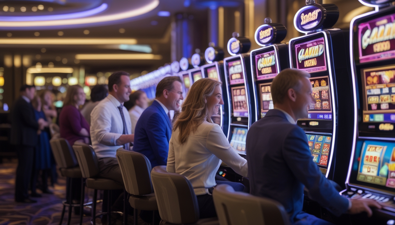 Orang-orang bermain mesin slot Spadegaming di kasino dengan suasana cerah dan modern.