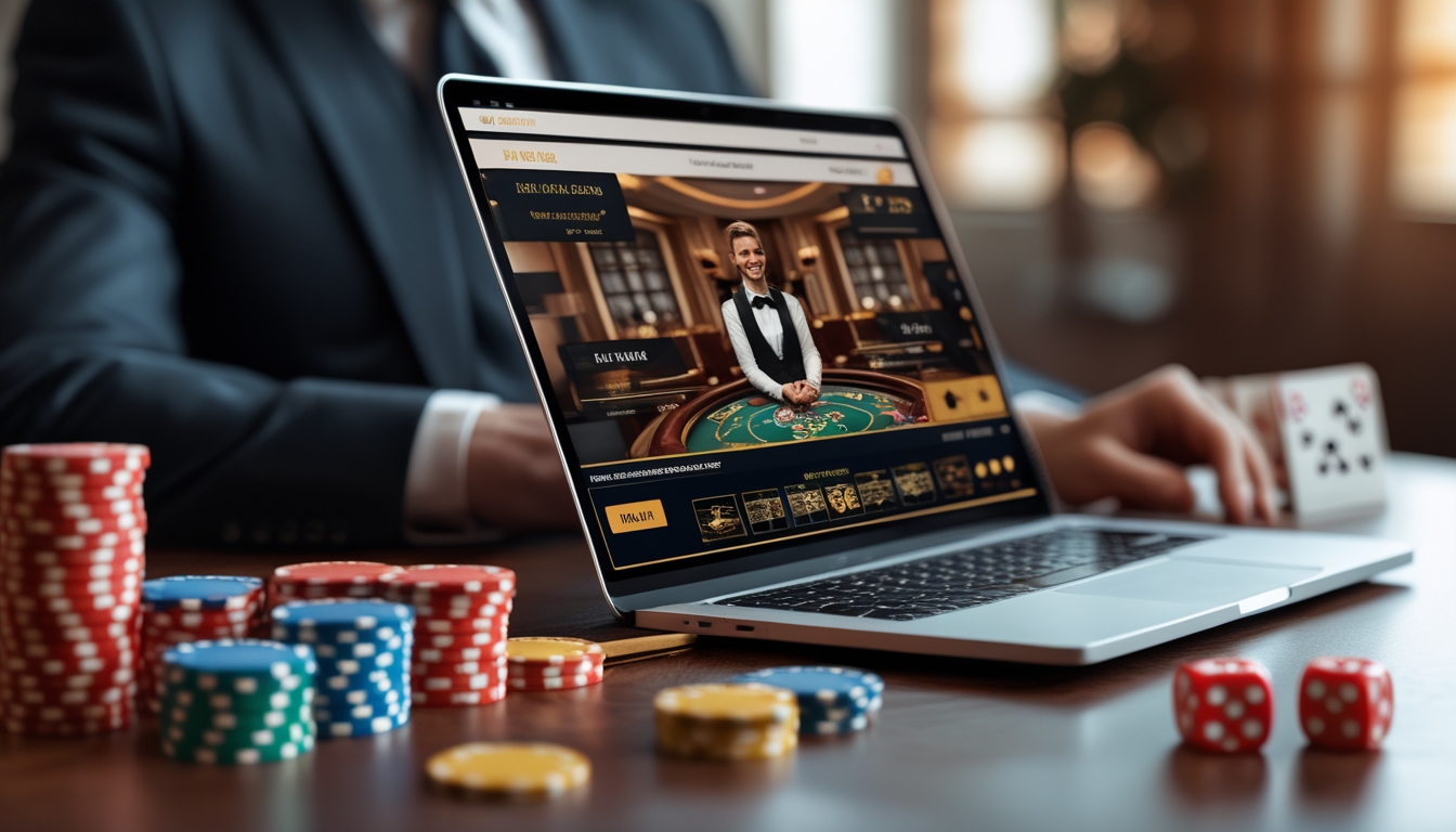 Seorang dealer kasino langsung di depan layar komputer dengan chip poker dan kartu di meja kayu.