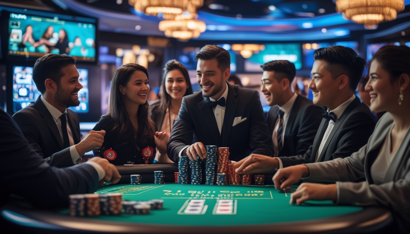 Suasana kasino langsung dengan meja permainan, chip poker, dealer, dan pemain yang sedang bermain dengan antusias.