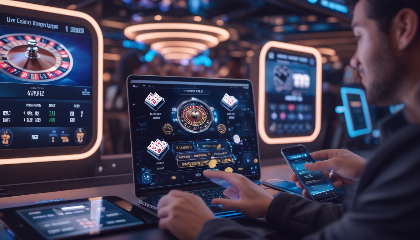 Suasana kasino online langsung dengan pemain menggunakan perangkat digital dan dealer di layar, menampilkan permainan kartu dan chip yang bergerak.