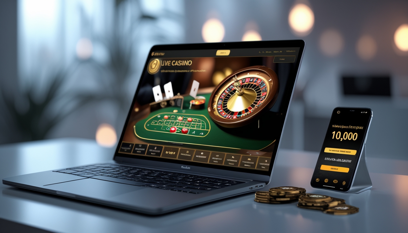 Seorang pengguna sedang bermain kasino online dengan laptop dan ponsel di meja, menampilkan permainan kasino langsung dan transaksi deposit kecil.