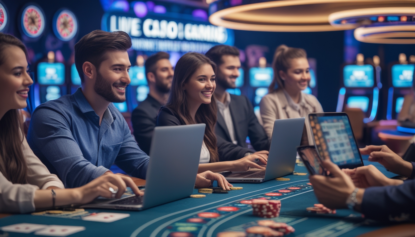 Sejumlah pemain menggunakan laptop dan ponsel dalam suasana kasino langsung dengan elemen permainan seperti roda roulette dan kartu remi di latar belakang.