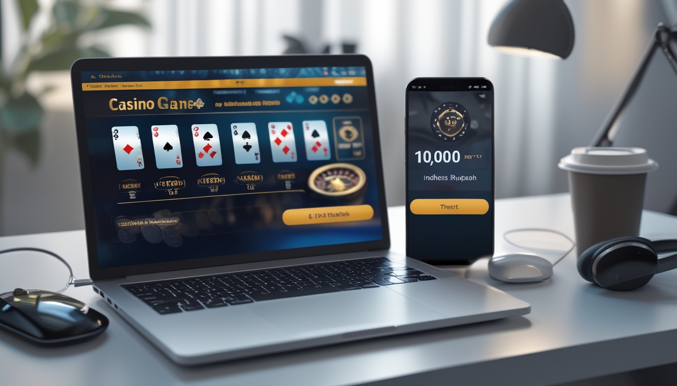 Seorang pengguna sedang bermain kasino online dengan laptop dan ponsel yang menampilkan permainan kasino serta aplikasi dompet digital untuk transaksi deposit.