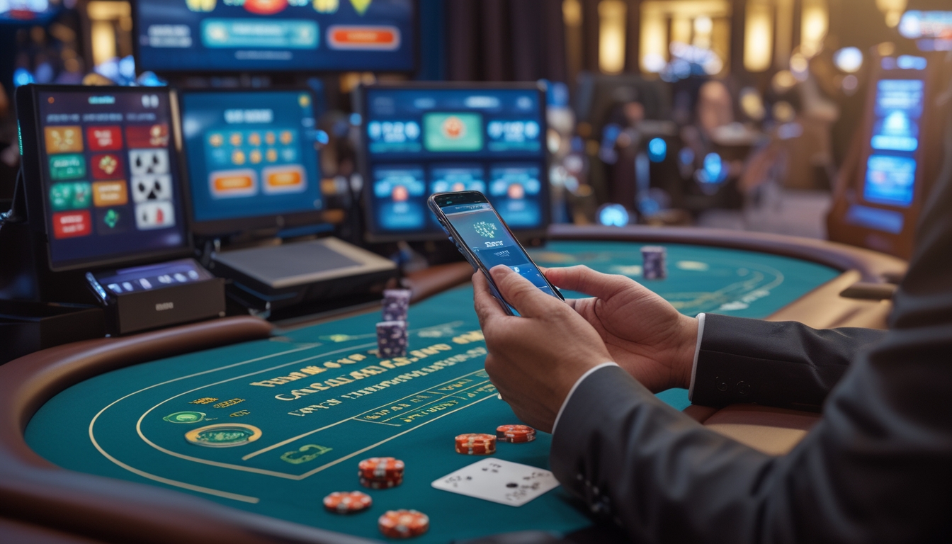 Seorang dealer kasino sedang mengelola permainan live di meja kasino modern dengan seseorang menggunakan ponsel untuk melakukan deposit melalui e-wallet.
