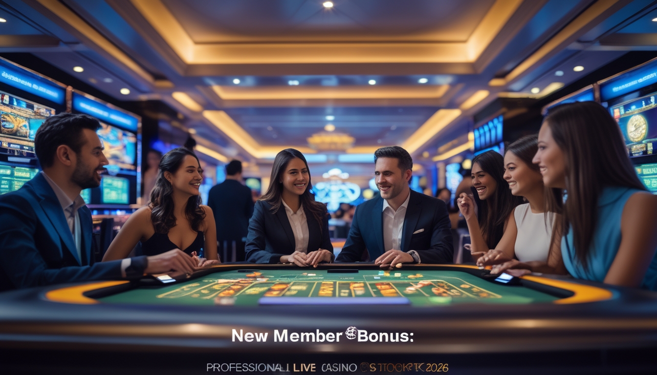 Suasana kasino langsung dengan pemain dan dealer yang sedang bermain di meja permainan modern.