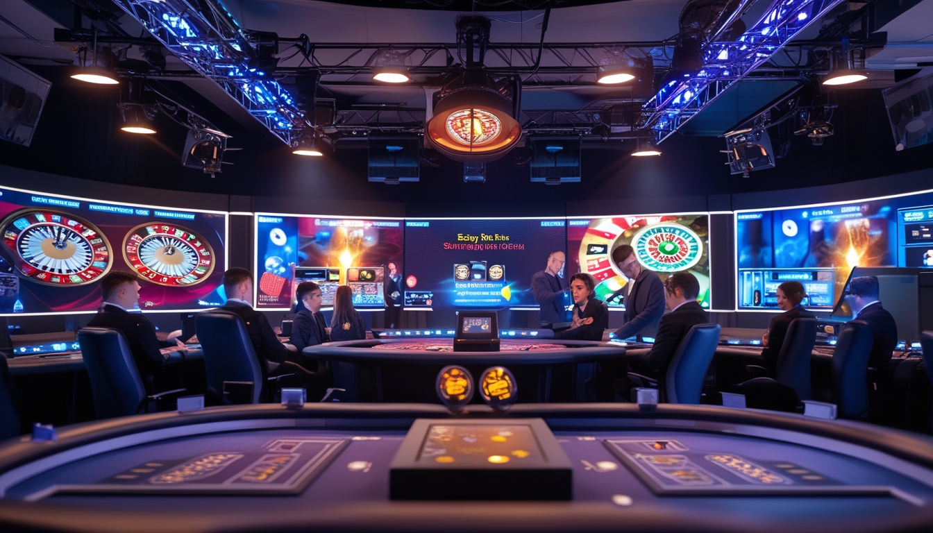 Suasana studio kasino live streaming dengan dealer profesional, peralatan siaran modern, dan layar yang menampilkan permainan kasino digital.