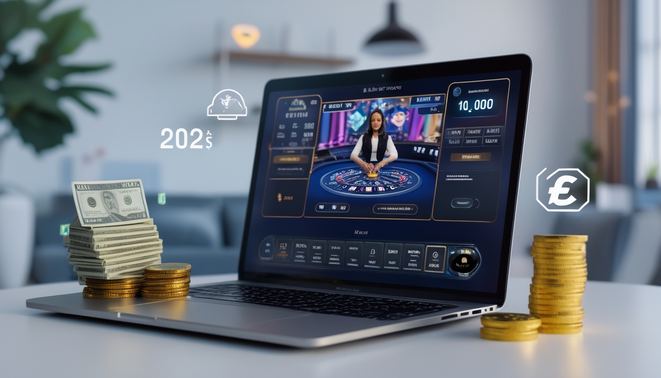 Seorang pengguna sedang bermain live casino online di komputer dengan tumpukan uang kecil di meja, di ruang tamu yang nyaman.
