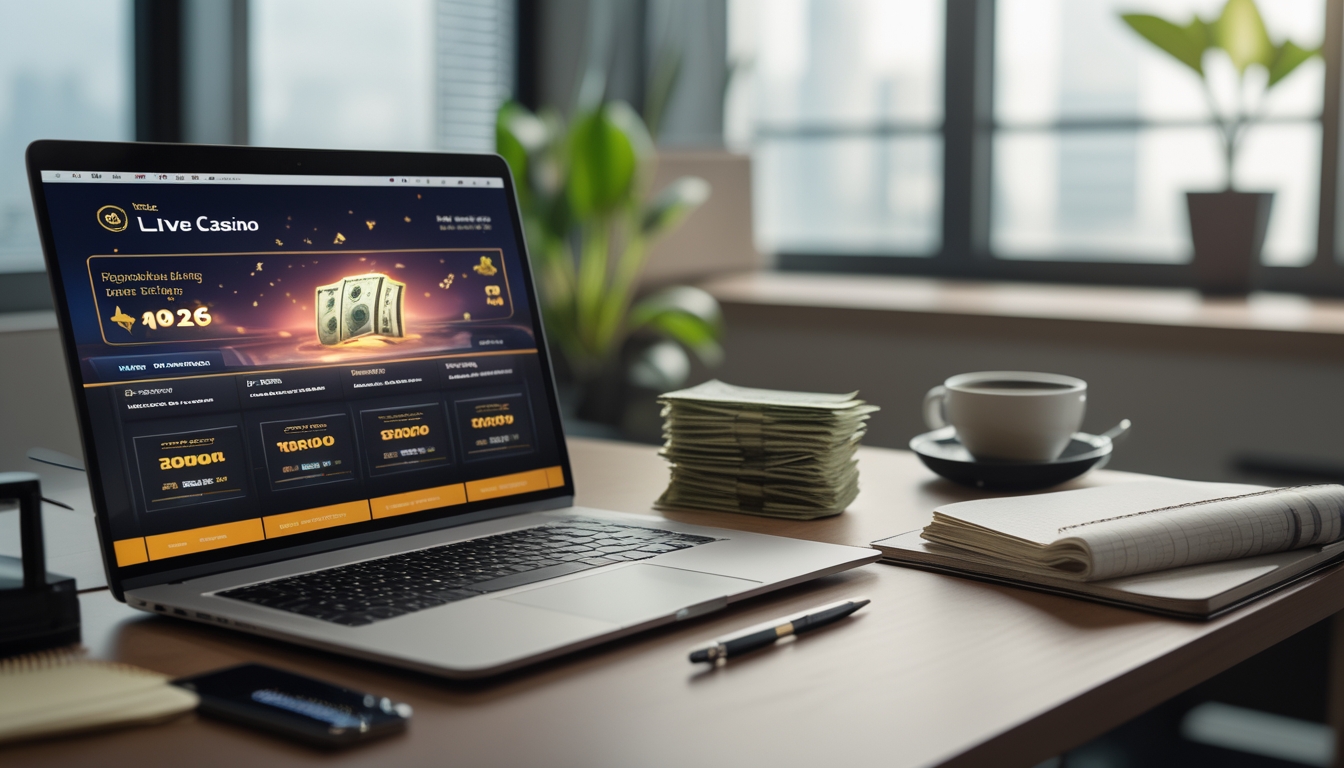 Seseorang sedang menyiapkan pendaftaran kasino langsung online di meja kerja dengan laptop, uang rupiah, dan ponsel di ruangan yang terang.