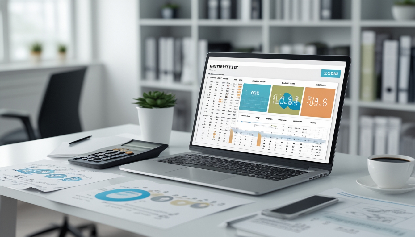 Sebuah ruang kerja modern dengan meja bersih yang menampilkan laptop dengan grafik dan data angka, kertas catatan, kalkulator, dan secangkir kopi.