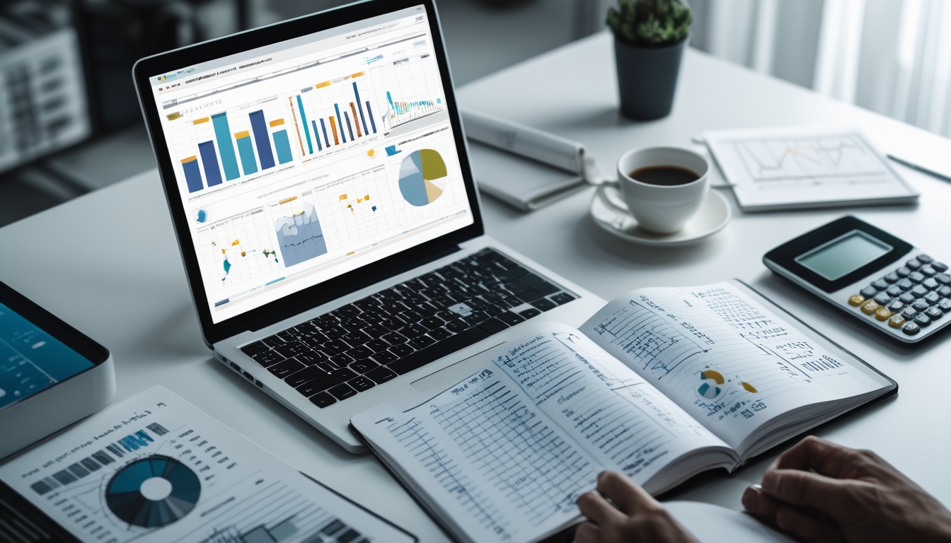 Meja kerja dengan laptop, catatan, dan alat hitung yang menunjukkan suasana analisis dan prediksi angka.