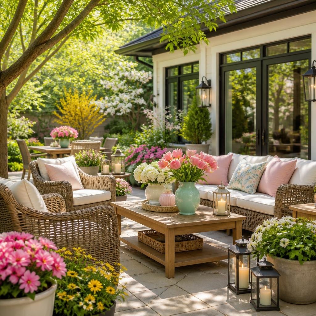 Outdoor patio with wicker chairs, wooden table, fresh flowers, green plants, and sunlight filtering through trees.