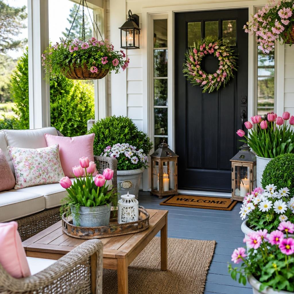 Front porch with cushioned chairs, potted flowers, hanging baskets, and a decorated front door surrounded by spring plants.