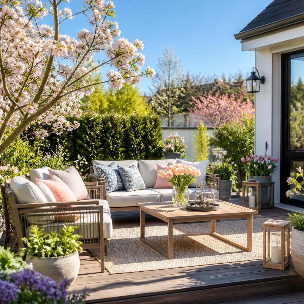 Outdoor patio with chairs, table, plants, and flowers under natural sunlight.