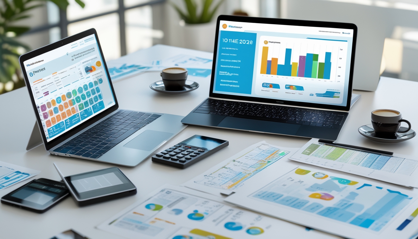Meja kerja modern dengan perangkat digital menampilkan grafik dan data statistik angka togel, kertas berisi angka, kalkulator, dan secangkir kopi di ruangan kantor yang terang.