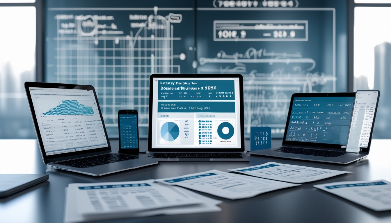 Meja kerja dengan perangkat digital dan kertas berisi data statistik dan rumus, serta papan tulis dengan persamaan matematika dan pola angka togel.