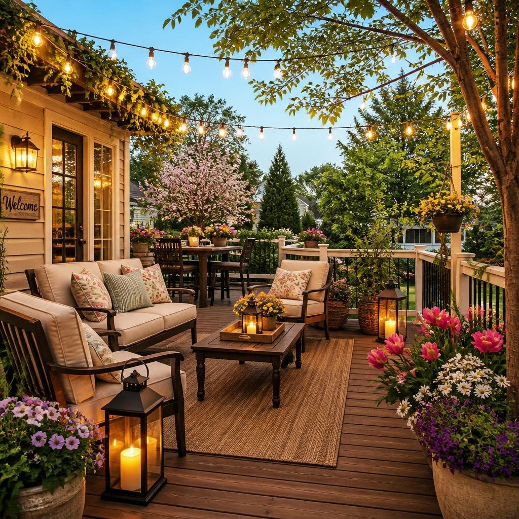 Outdoor patio with cushioned seating, string lights, lanterns, and spring flowers during the day.