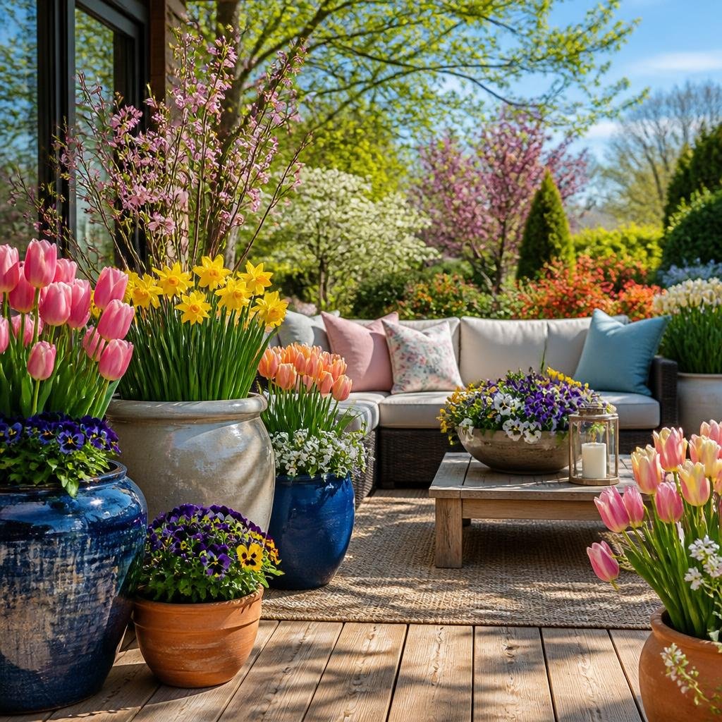 Outdoor patio decorated with blooming flower planters and comfortable seating under soft sunlight.