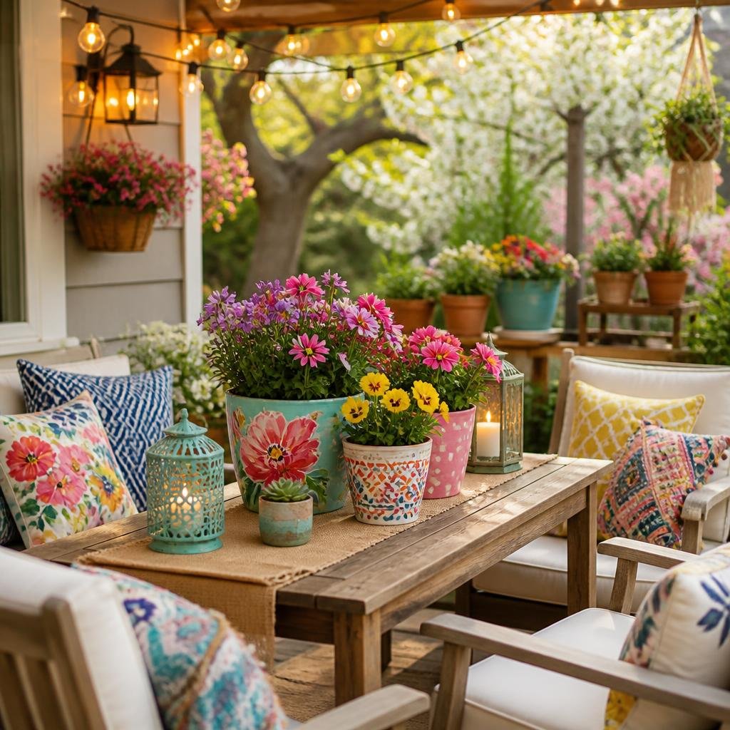Outdoor patio decorated with handmade flower pots, cushions, and string lights surrounded by blooming plants and trees.