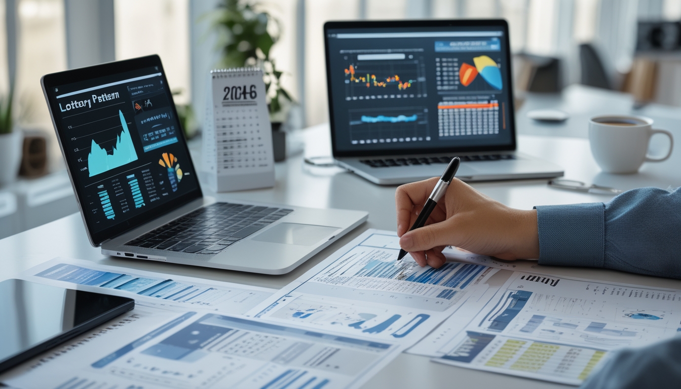 Meja kerja dengan perangkat digital dan kertas berisi data dan grafik pola togel, seseorang sedang menganalisis angka dengan pena.