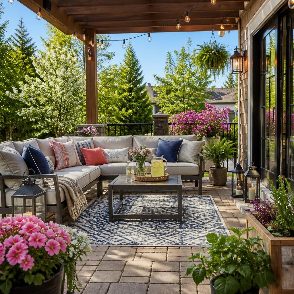 An outdoor patio with comfortable seating, colorful cushions, plants, flowers, and decorative lighting under clear skies.