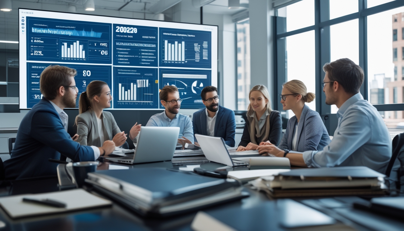 Sekelompok orang sedang bekerja bersama di kantor dengan layar digital menampilkan grafik dan angka, fokus pada analisis data dan perencanaan.