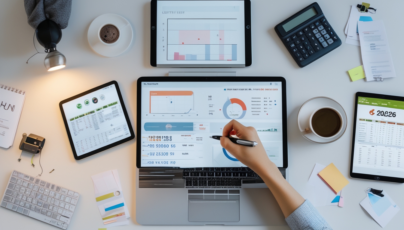 Seorang pria sedang menganalisis data angka togel di meja kerja dengan laptop, tablet, kalkulator, dan catatan.