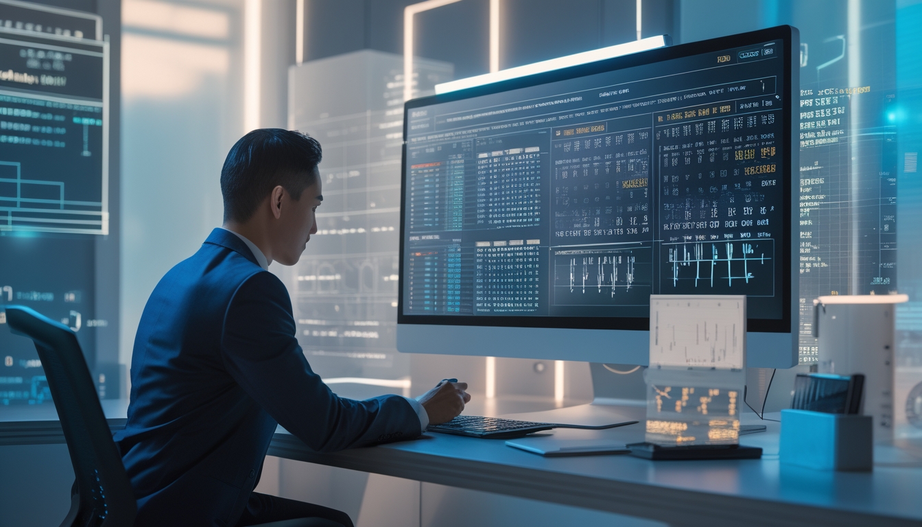 Seorang profesional sedang menganalisis data angka di depan komputer dengan alat hitung modern di ruang kerja yang terang.