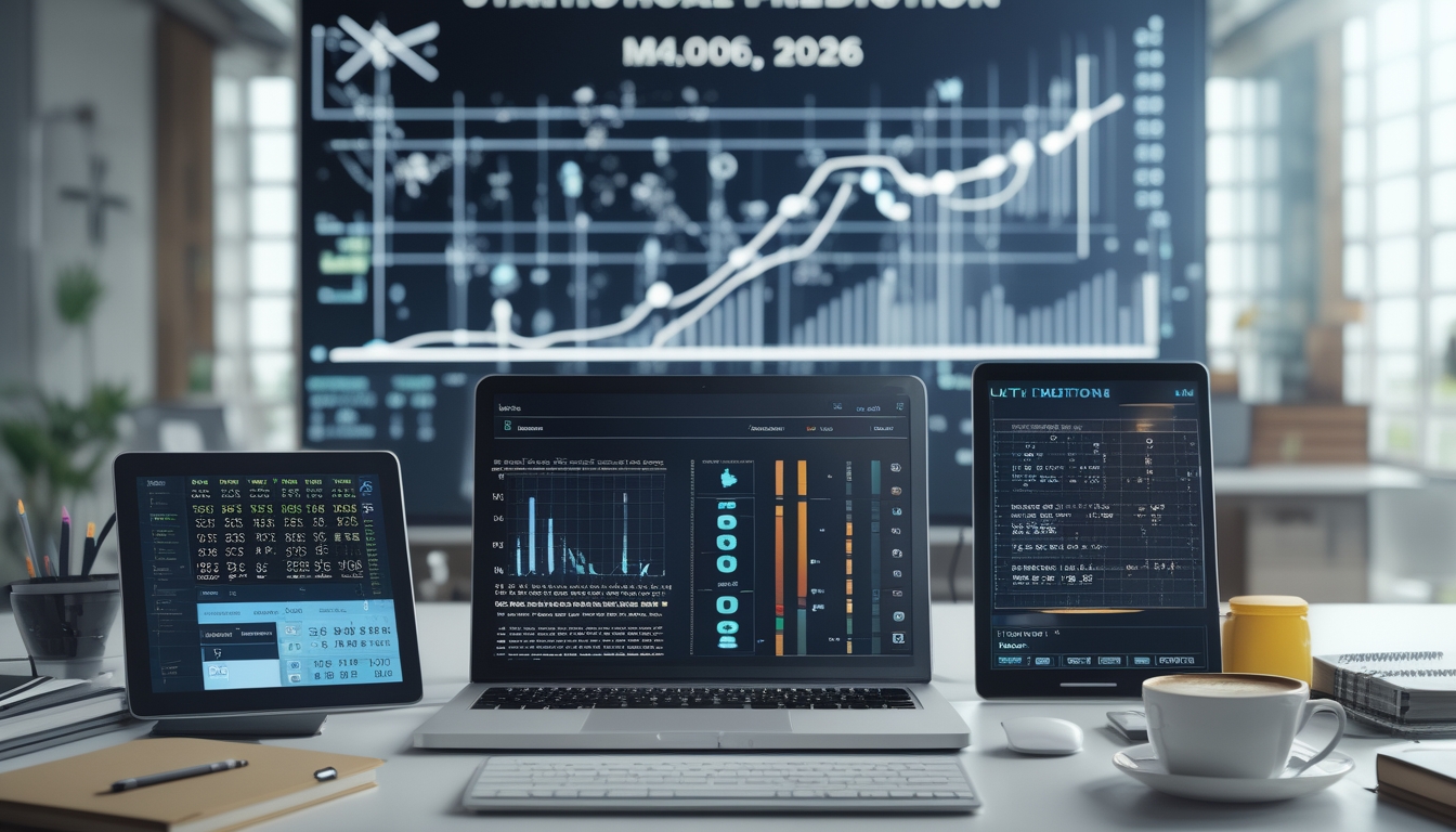 Meja kerja dengan perangkat digital menampilkan data dan grafik prediksi angka togel, dengan suasana yang rapi dan profesional.