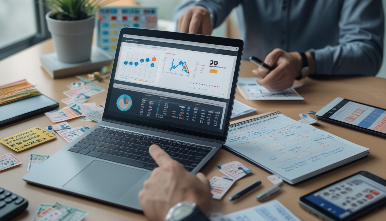 Meja kerja modern dengan laptop yang menampilkan grafik dan data angka, tangan menunjuk ke layar, serta tiket togel dan kalender tahun 2026 di sekitar meja.
