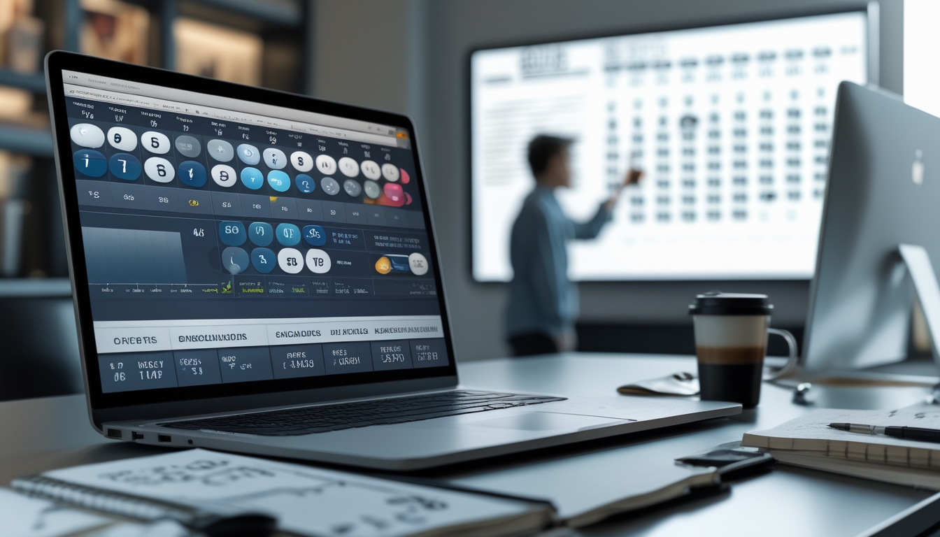 Seorang pria sedang menganalisis data togel di depan laptop dan layar besar di ruang kerja yang rapi dan terang.