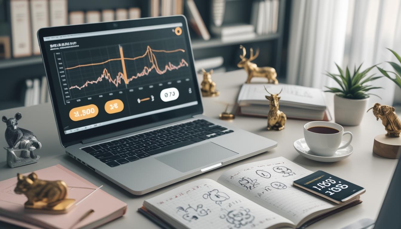 Meja kerja dengan laptop, catatan, dan dekorasi shio, menampilkan suasana penelitian dan analisis angka togel tahun 2026.