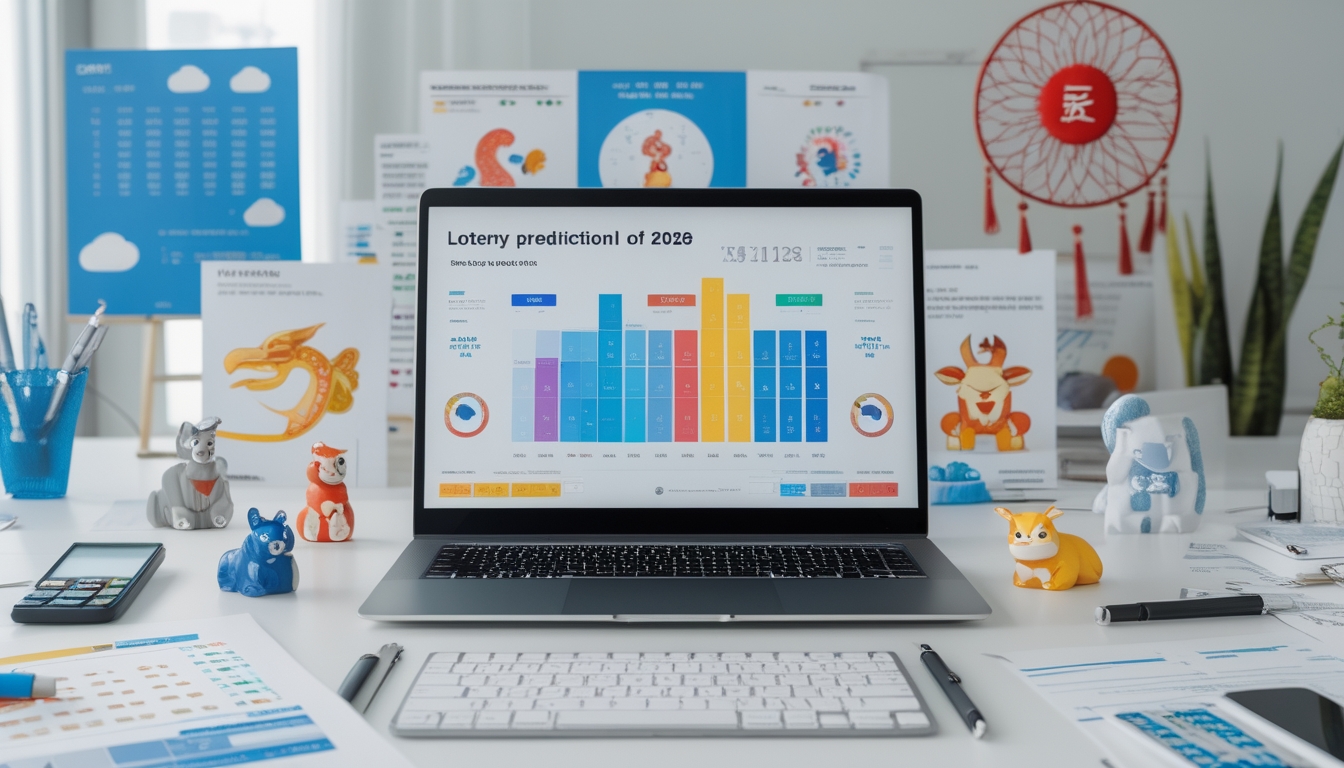Meja kerja modern dengan laptop yang menampilkan grafik dan elemen simbolis shio, mimpi, dan statistik terkait ramalan angka togel.