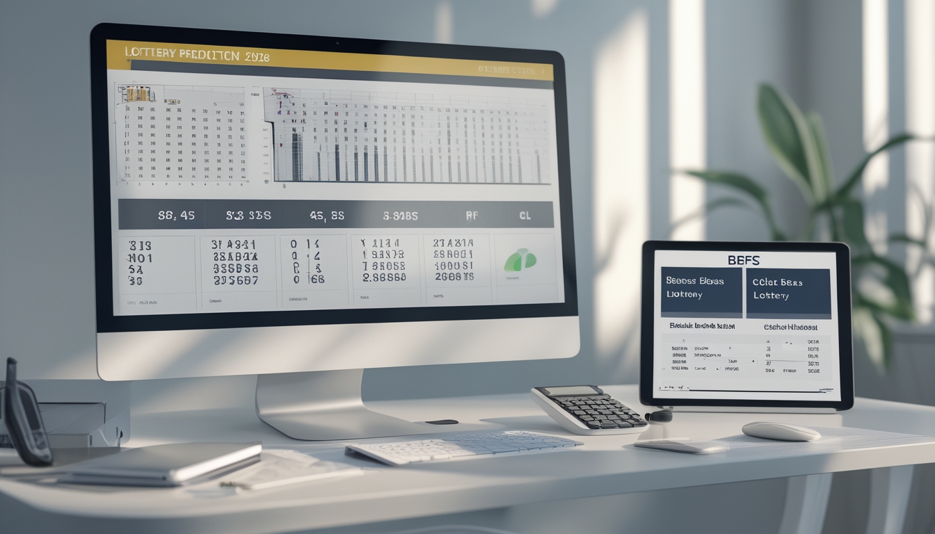 Meja kerja modern dengan komputer menampilkan data angka dan alat tulis yang rapi untuk prediksi togel.