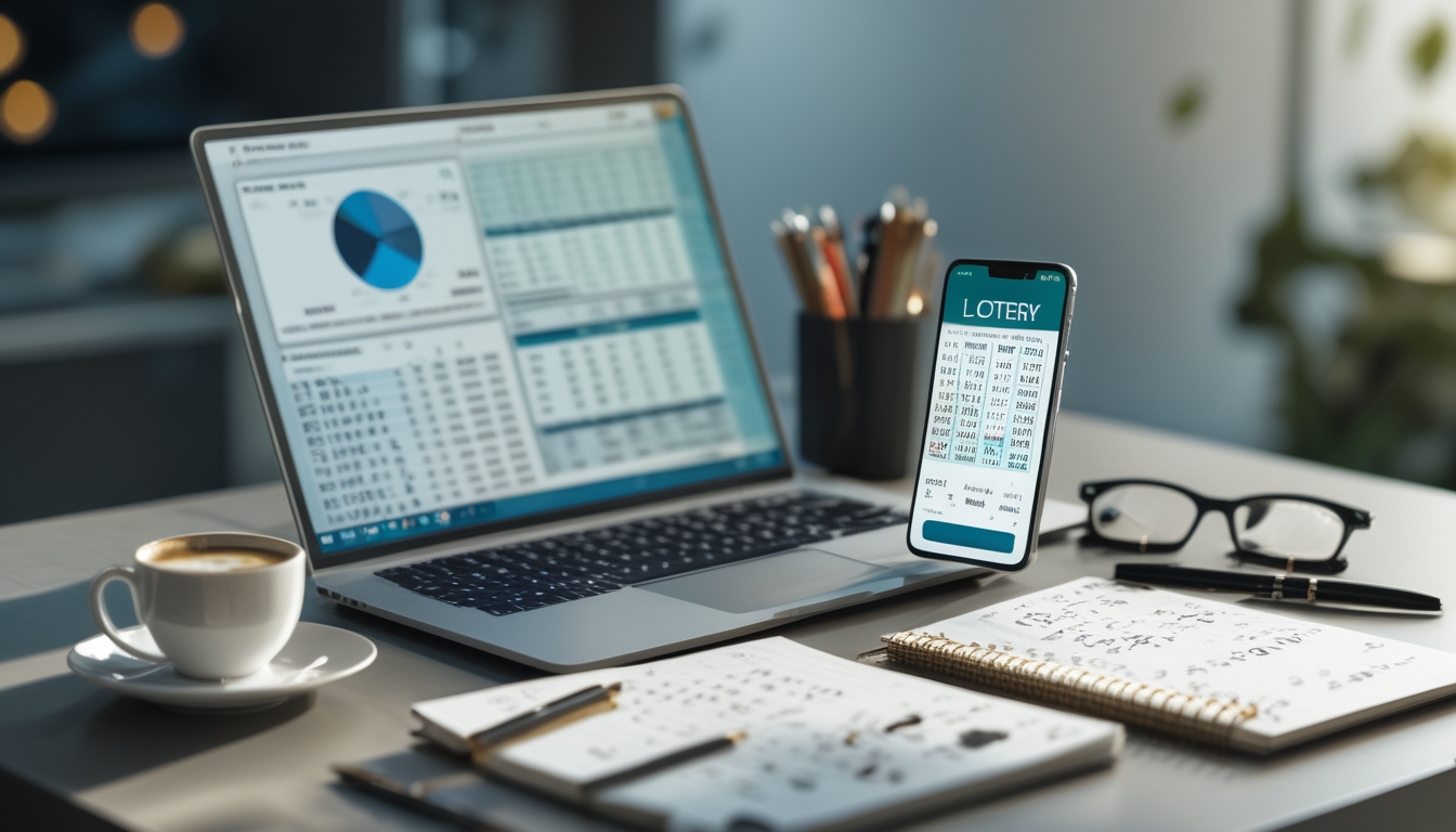 Meja kerja dengan laptop, ponsel, dan catatan yang menampilkan data dan perhitungan prediksi angka togel.