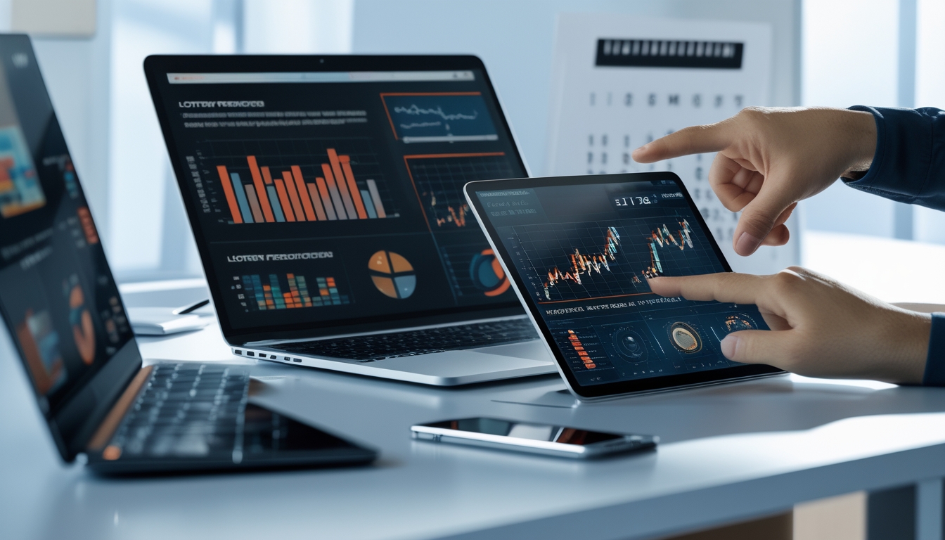 Meja kerja modern dengan perangkat digital menampilkan grafik dan data angka togel, tangan seseorang menunjuk layar, di ruang kantor terang dan bersih.