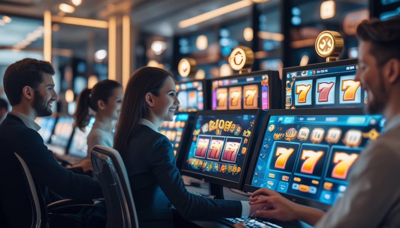 Orang-orang bermain game slot online di komputer dengan suasana ceria dan percaya diri di ruang kerja modern.