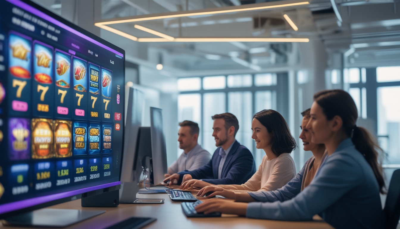 Orang-orang fokus menggunakan komputer dengan tampilan permainan slot online berwarna-warni di layar dalam ruangan kantor modern.