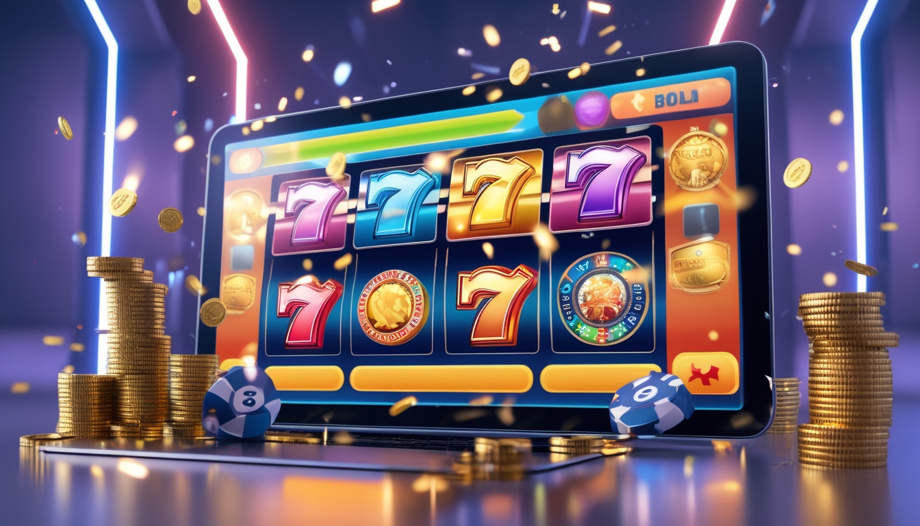 Layar komputer menampilkan mesin slot berwarna cerah dengan tumpukan koin emas dan dekorasi perayaan di sekitarnya.