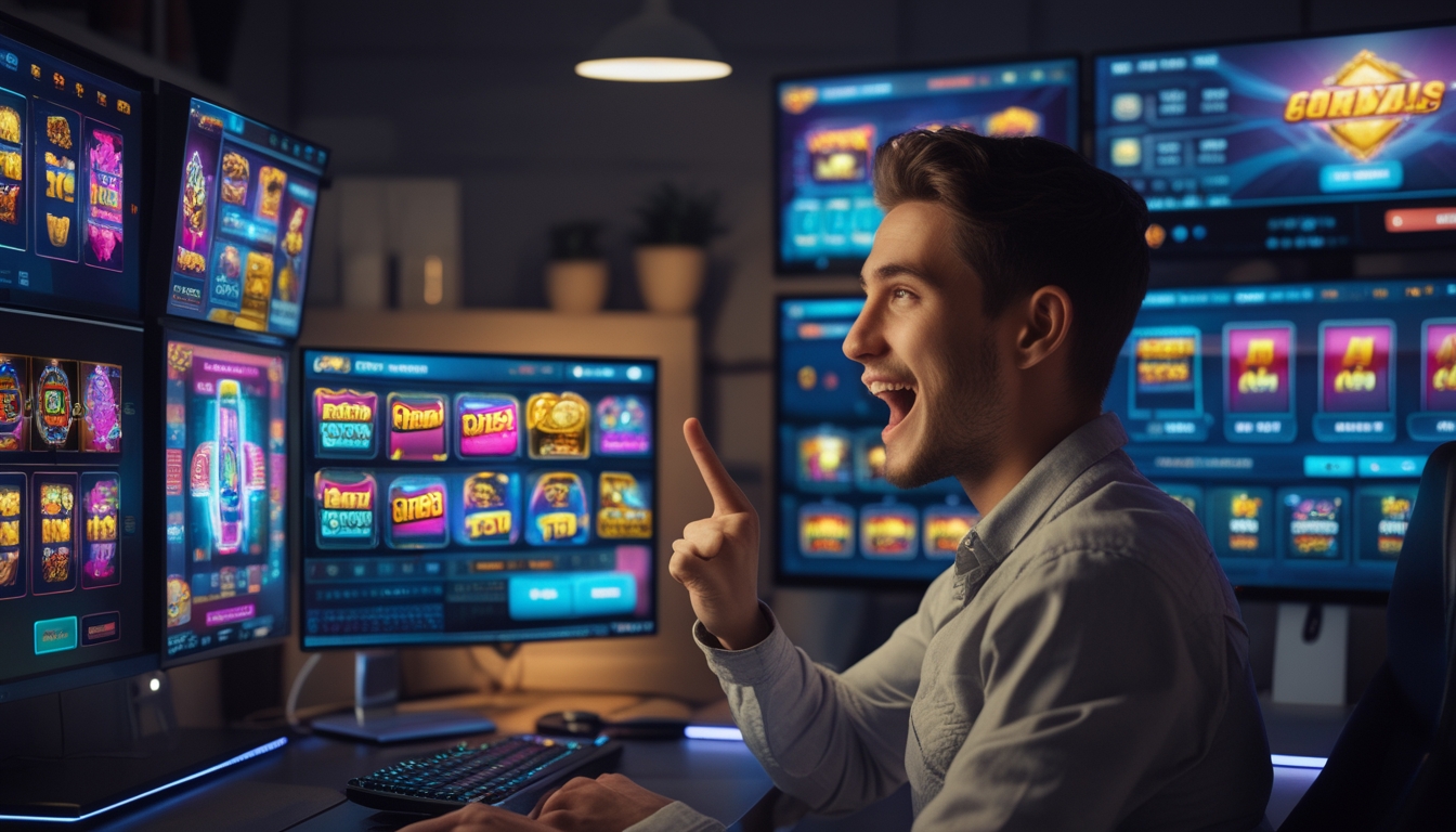 Seorang dewasa muda duduk di depan beberapa layar komputer yang menampilkan permainan slot online berwarna-warni di ruangan yang nyaman.