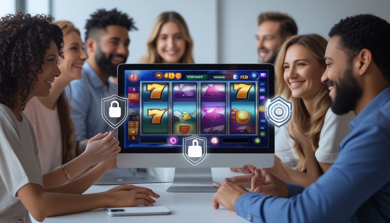 Orang-orang menikmati permainan slot online di komputer dengan simbol keamanan di latar belakang.