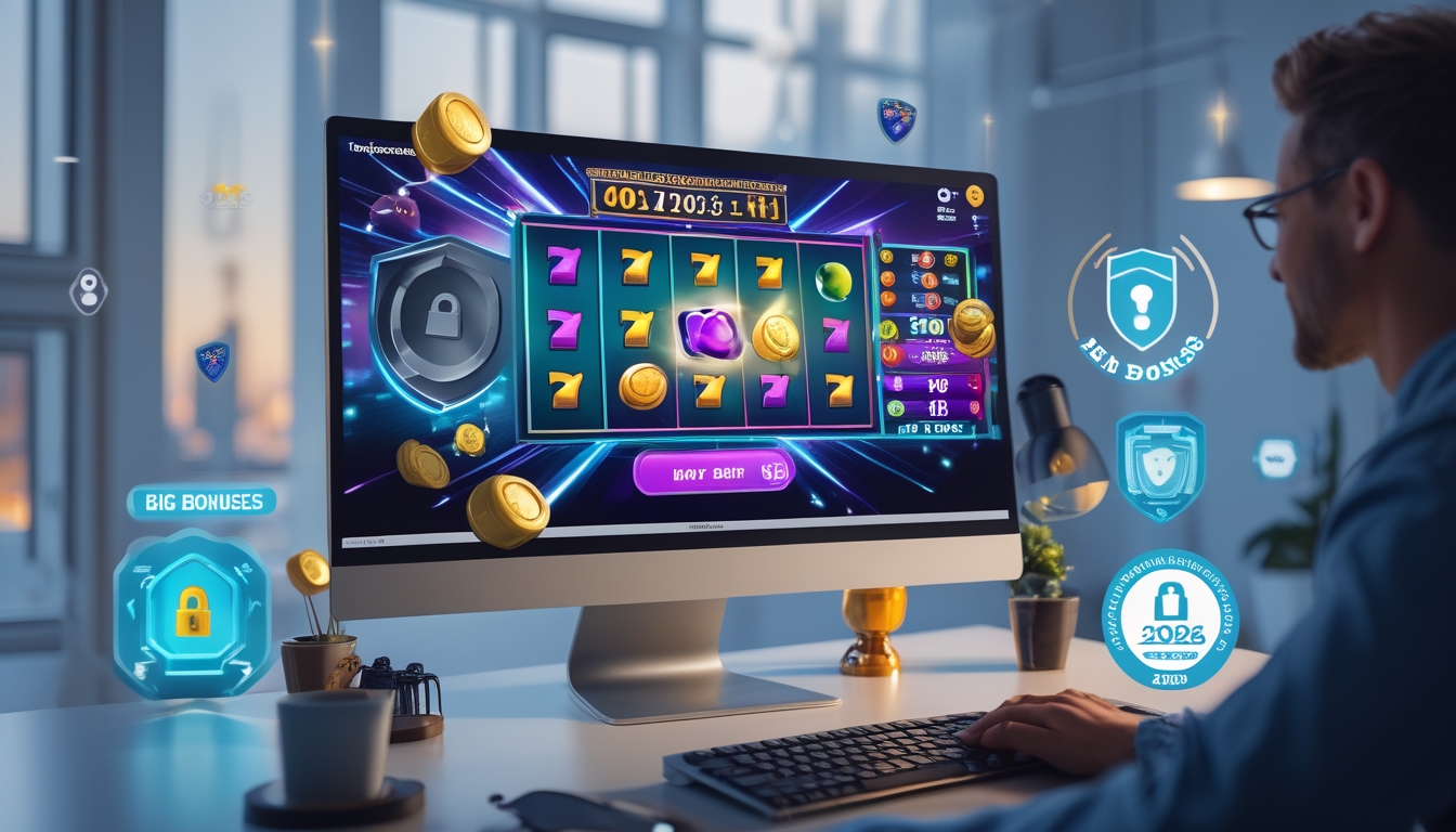 Seorang pengguna sedang bermain permainan slot online di komputer dengan latar belakang simbol keamanan dan suasana kerja yang rapi.